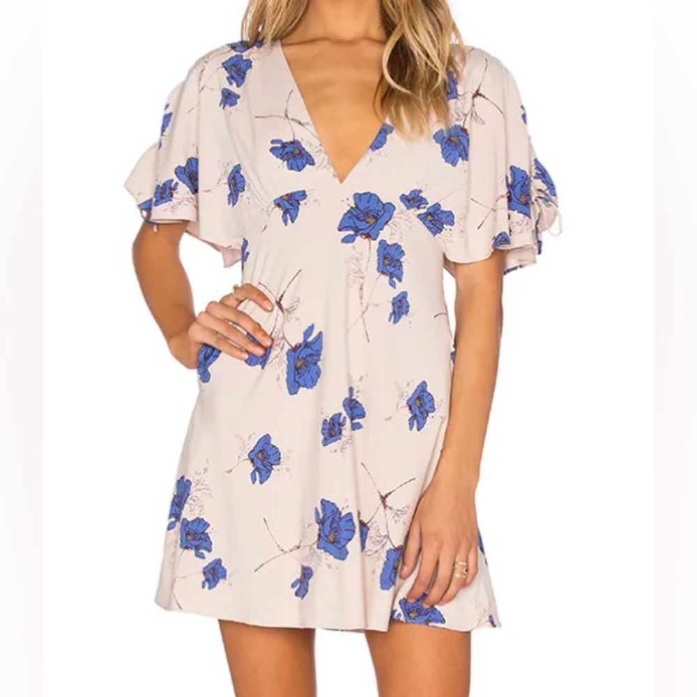 Free People Blue and White Flutter Sleeve Mini Dress